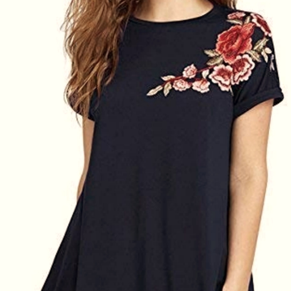 Tunic Short Sleeve Floral Patch Loose Casual Swing T-Shirt Dress
